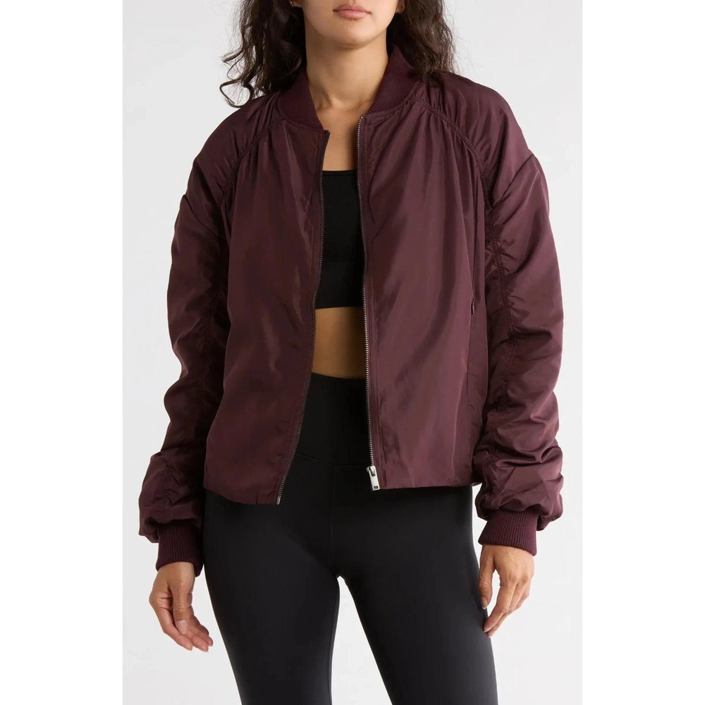 Zella Womens L Burgundy Ruched Sleeve Cropped Puffer Bomber Jacket